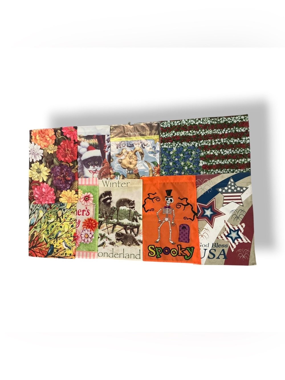 Lot Of 9 Seasonal Garden Flags Patriotic Halloween Winter Mother’s Day Bird Dog